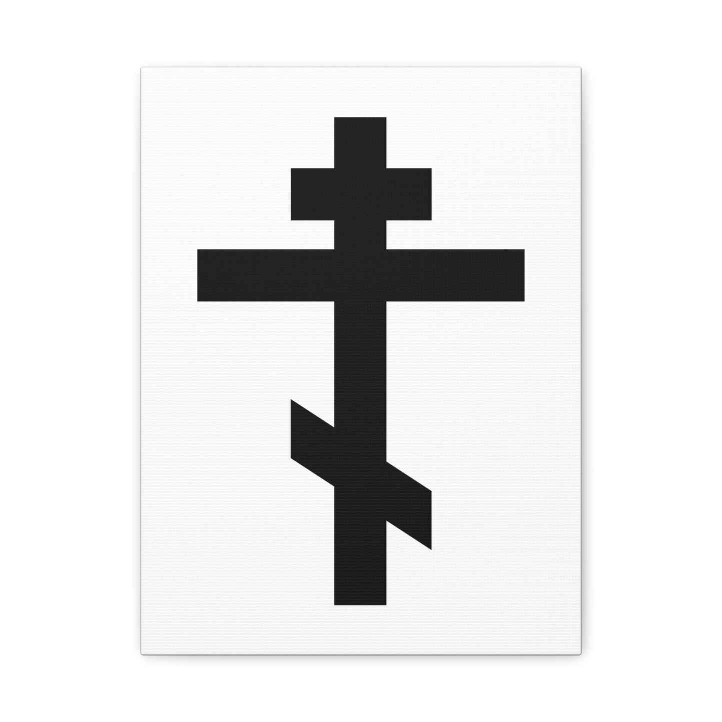 The "Black Orthodox Cross White Background" canvas art features a three-bar cross rich in Christian symbolism, with Galatians 6:14: "May I never boast, except in the cross of our Lord Jesus Christ." Perfect for Orthodox decor.