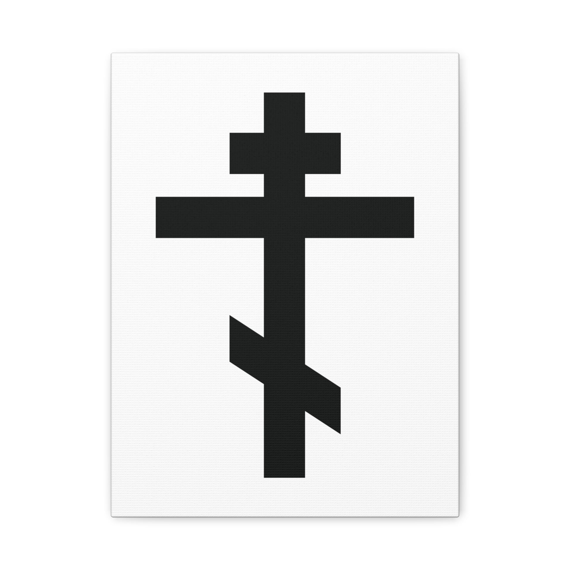 The "Black Orthodox Cross White Background" canvas art features a three-bar cross rich in Christian symbolism, with Galatians 6:14: "May I never boast, except in the cross of our Lord Jesus Christ." Perfect for Orthodox decor.