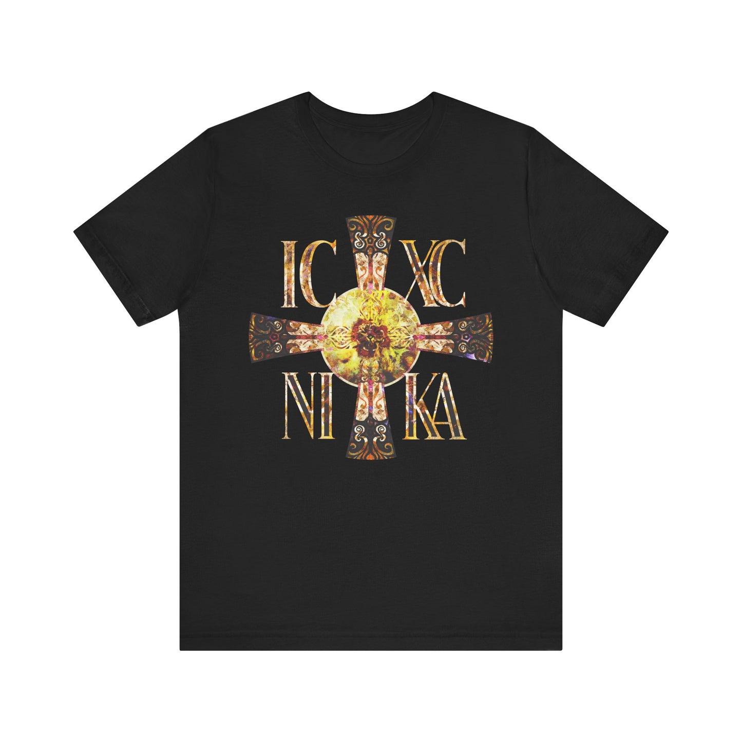 The black ICXC NIKA Celtic Style Equal Armed Cross tee features a bright solar gold circle and Greek letters IC XC NI KA, in an Orthodox design on lightweight unisex cotton.
