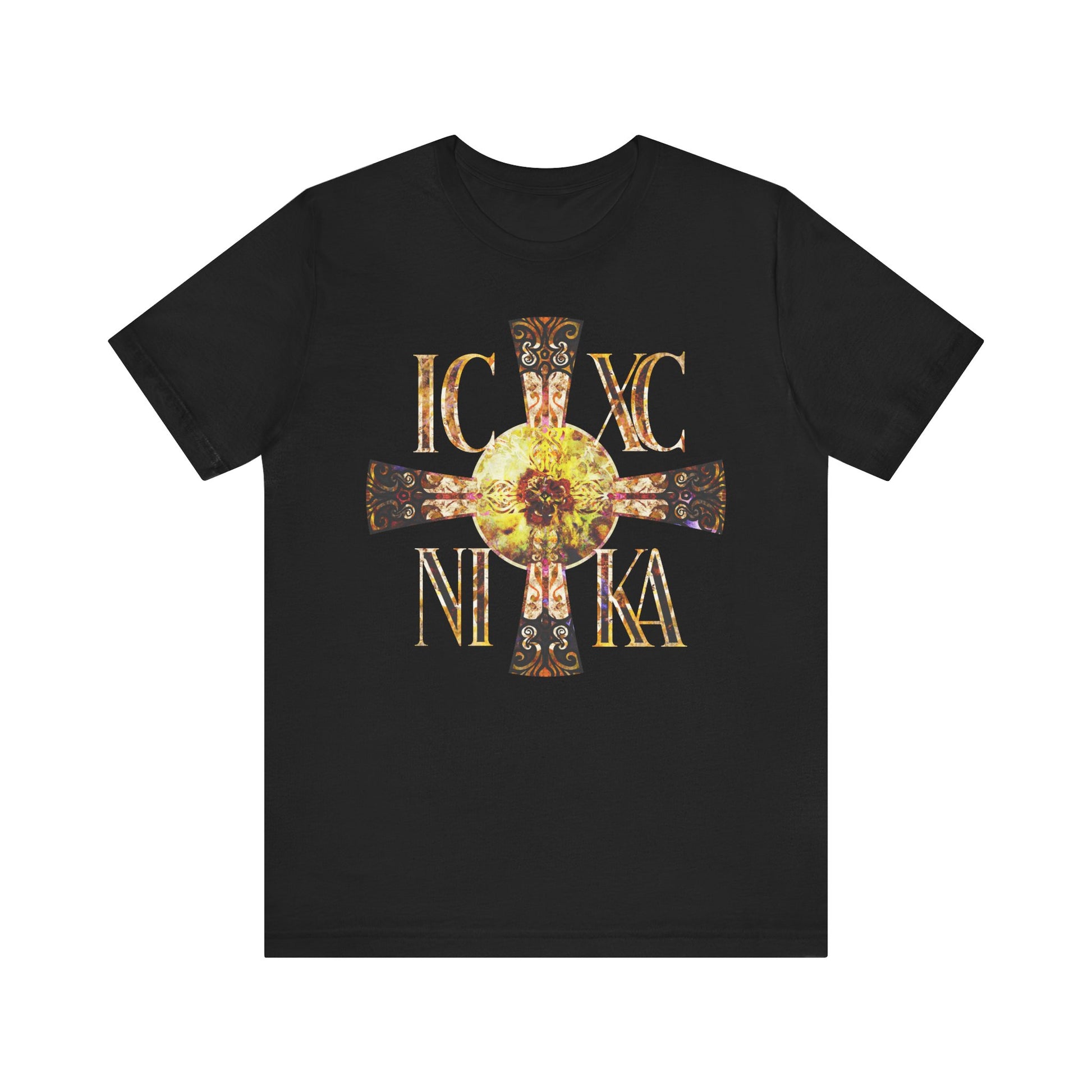 The black ICXC NIKA Celtic Style Equal Armed Cross tee features a bright solar gold circle and Greek letters IC XC NI KA, in an Orthodox design on lightweight unisex cotton.