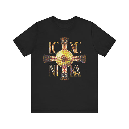 The black ICXC NIKA Celtic Style Equal Armed Cross tee features a bright solar gold circle and Greek letters IC XC NI KA, in an Orthodox design on lightweight unisex cotton.