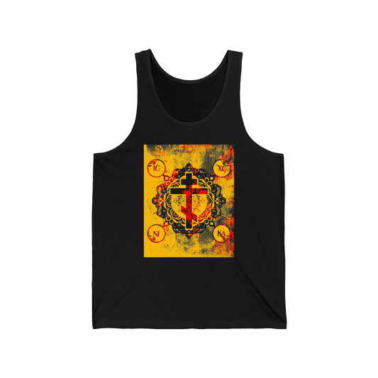 IC XC NIKA Orthodox Cross | Yellow & Red Modern & Medieval Textured Floral Design | Orthodox Christian Jersey Tank Top