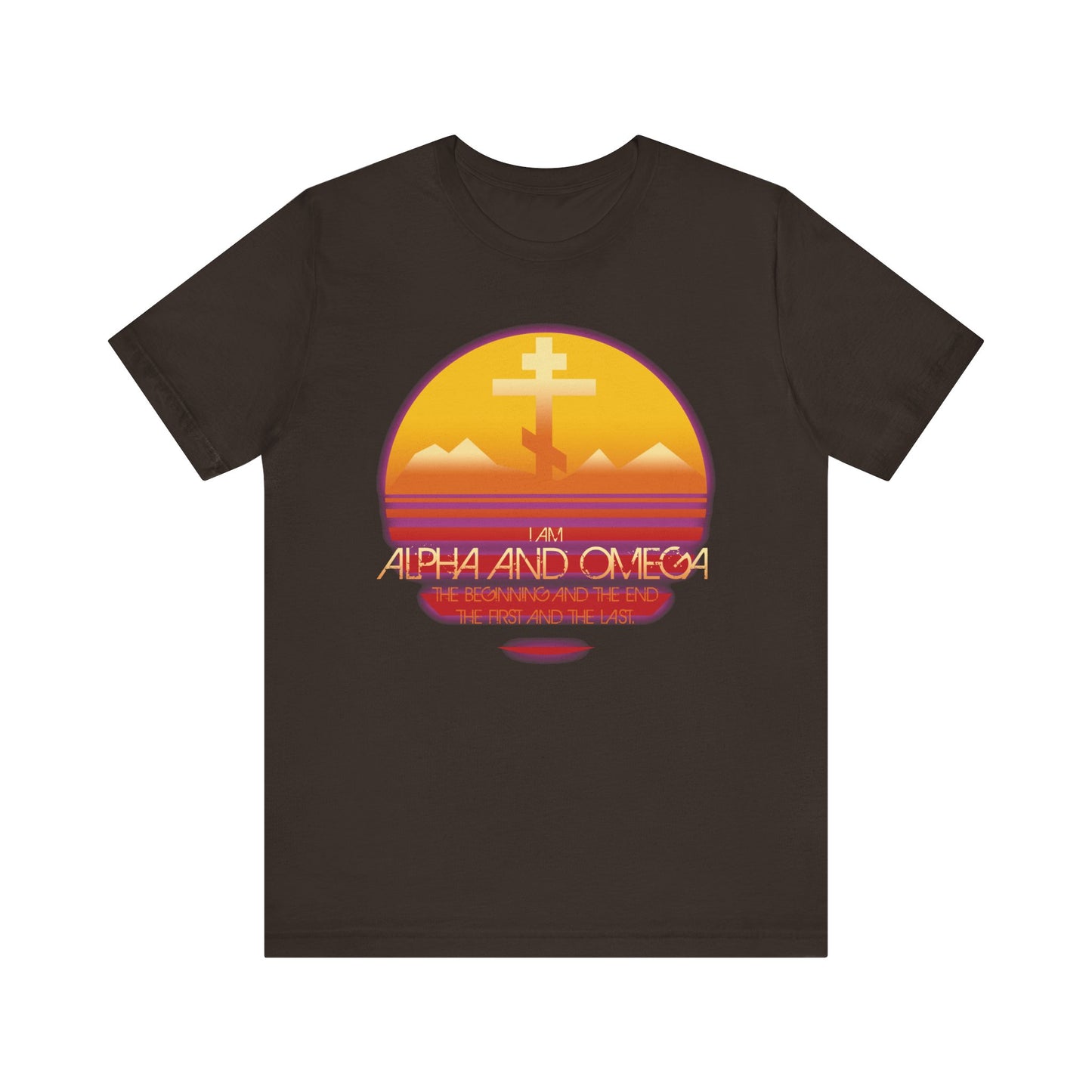 Brown unisex tee with 80s aesthetic sunset, Orthodox cross, mountains, and "I am Alpha and Omega, the beginning and the end" from Rev 22:13. Lightweight cotton; inspired by the bright morning star.
