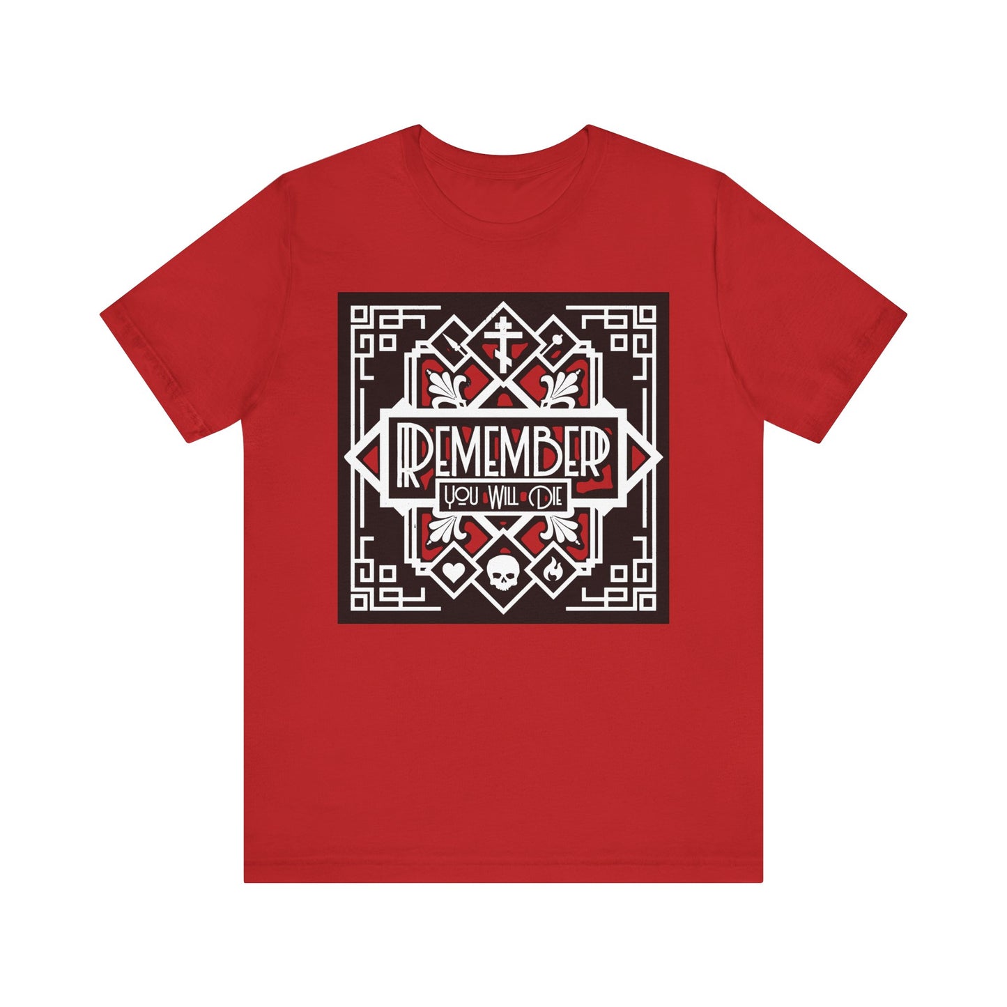Remember You Will Die | Red and White Art Deco Design t-shirt: this bold red, lightweight cotton tee features a striking art deco motif with heart, skull, and fire accents. Inspired by the Orthodox Christian tradition of memento mori and the wisdom of St Ignatius Brianchaninov, it’s a distinctive reminder to reflect on life’s deeper meaning.