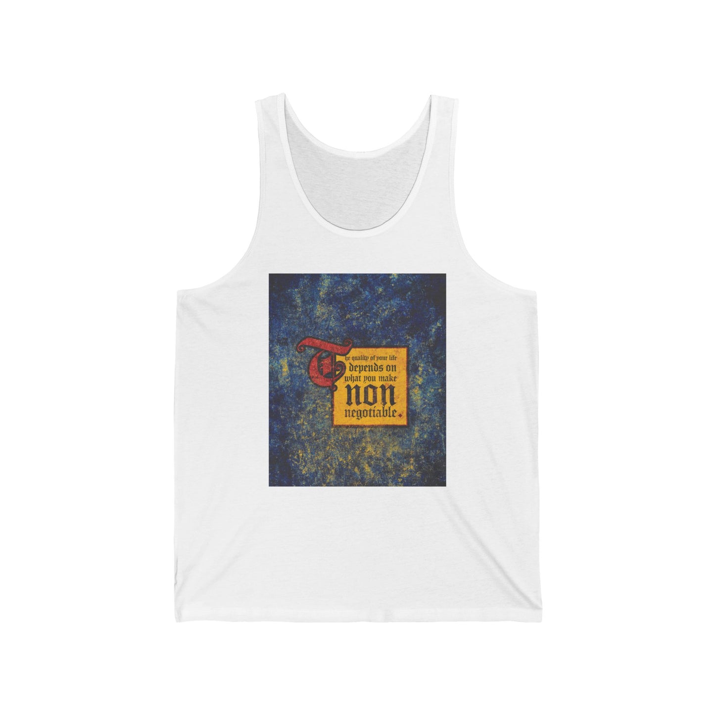 White tank top featuring "The Quality of Your Life Depends on What You Make Non-Negotiable"—an Orthodox Christian, motivational statement inspiring uncompromising faith.