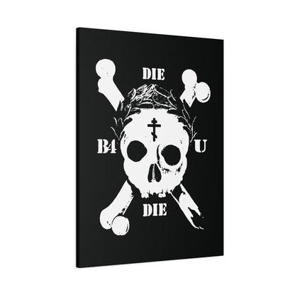 Die Before You Die wall art: black canvas with a white retro skull, crossbones, Orthodox cross, and laurel victory wreath—Ascetic Christian design inspired by Matthew 16:24-25. Memento Mori for your space.