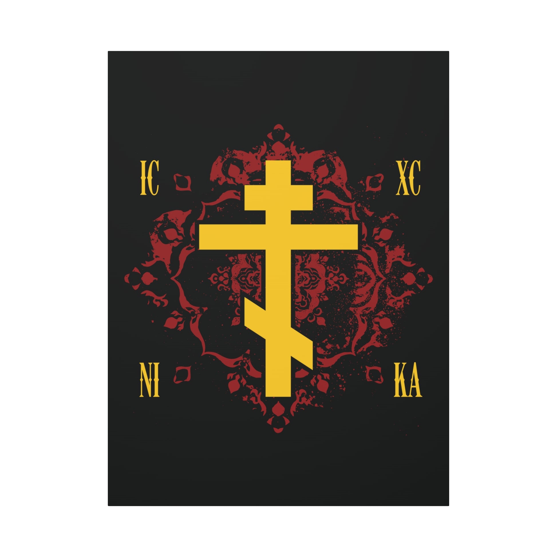 The ICXC NIKA Yellow Russian Cross, symbolizing Christ’s victory, stands out on an ornate red background in this Orthodox Christian canvas art.