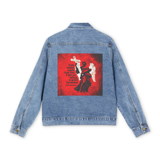 Little Divides Angels from Men | Christian Perfection | St John Chrysostom | Textured Cemetery Angel | Orthodox Christian Jean Jacket