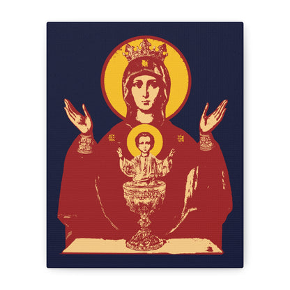 Holy Theotokos IconoGraphic of the Inexhaustible Chalice Orthodox wall art depicts the crowned Mother of God with halo, raised hands, and child in a chalice—Deliverer from Addictions and Conqueror of Passions—on a dark background.