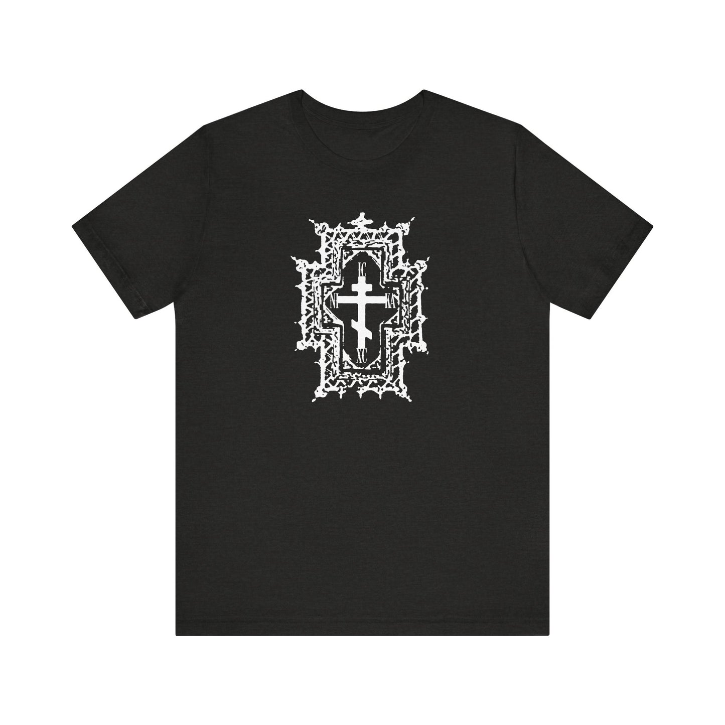 Black Heather unisex tee featuring a white Orthodox cross in Gothic cathedral style with crown of thorns detail, inspired by "ICXC NIKA | Jesus Christ Conquers" and "Healed By His Wounds" message. Lightweight cotton.