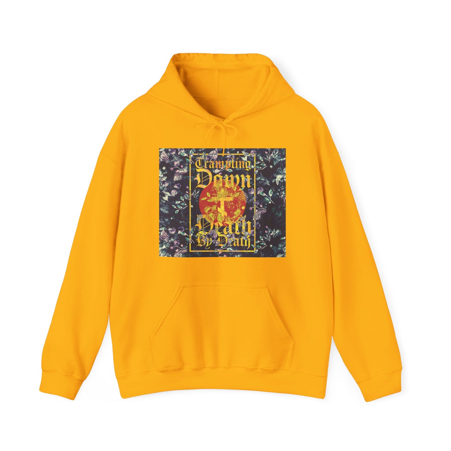 Trampling Down Death By Death | Paschal Floral Design with Gothic Script and Three-Bar Cross | Orthodox Christian Hoodie