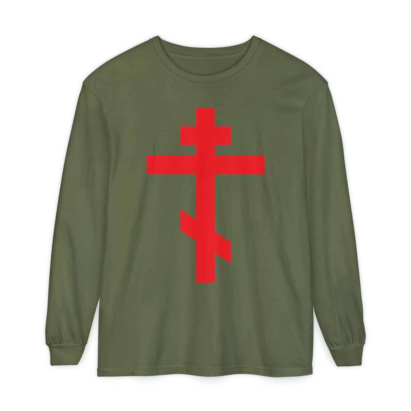 Hemp long sleeve cotton shirt featuring a bright red Orthodox cross and the phrase "Preserve Thy People By Thy Cross, O Lord," inspired by the Troparion of the Cross.