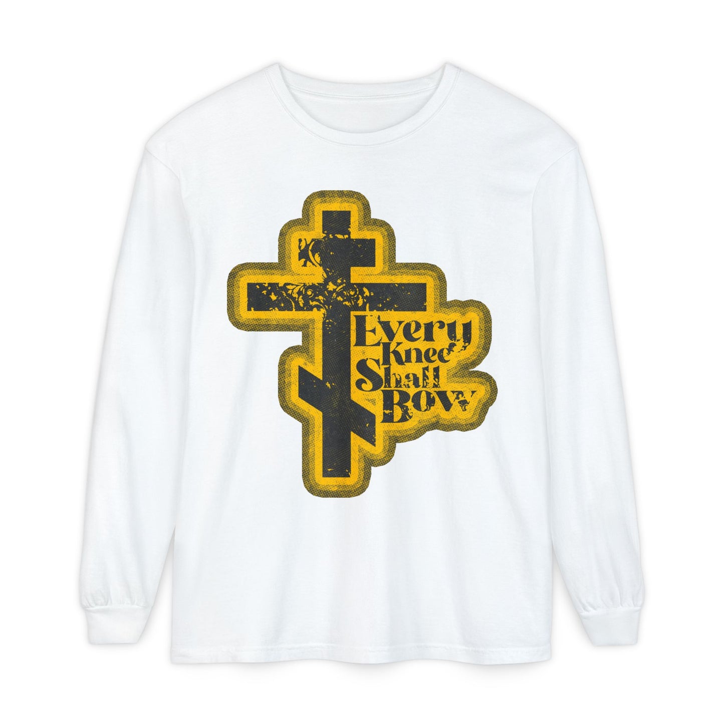 White long-sleeve "Every Knee Shall Bow" shirt with 70s distressed halftone comic book style, inspired by Philippians 2:10-11 and Isaiah 45:23, declaring Jesus Christ is Lord—Orthodox Christian apparel.