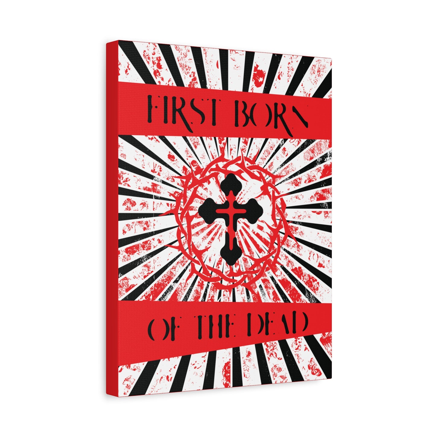 First Born of the Dead | Orthodox Cross and Crown of Thorns | Red White and Black Textured Design with Rays | Orthodox Christian Canvas Art