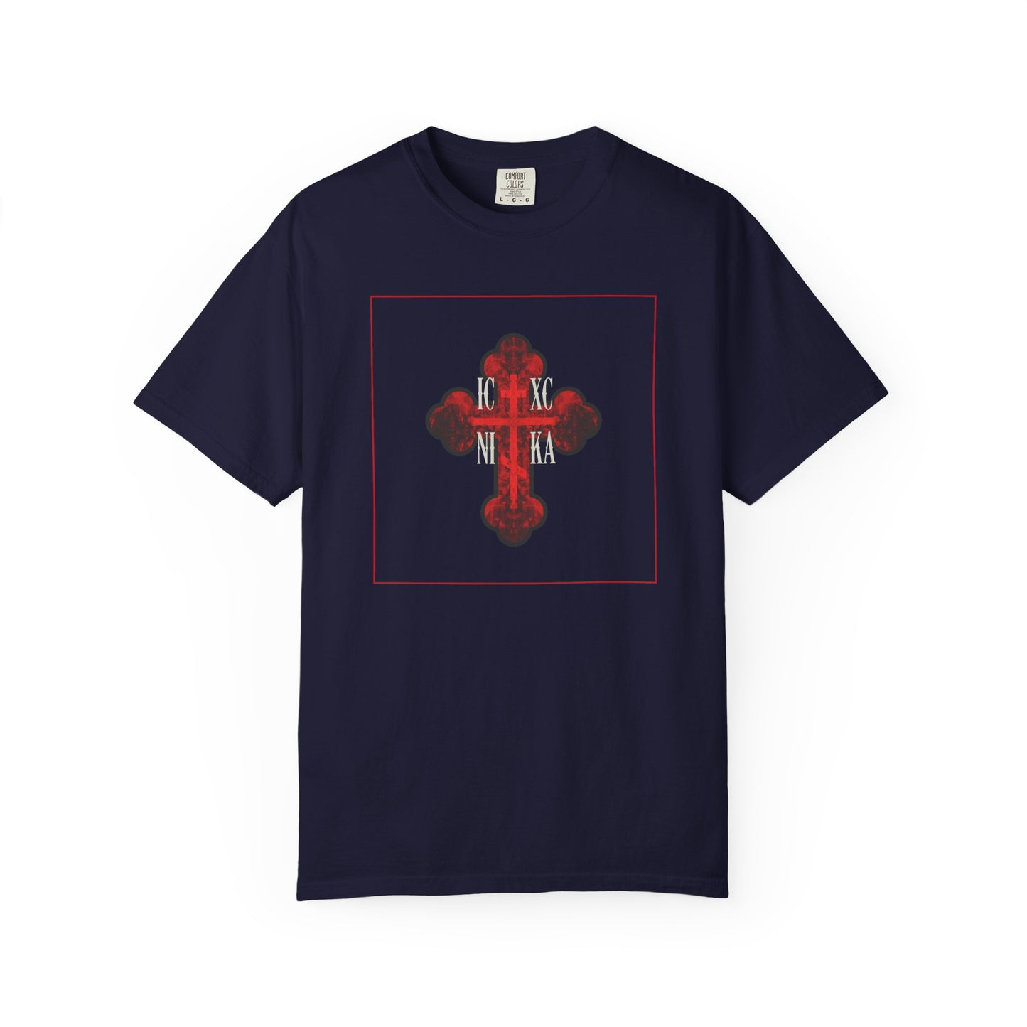 True Navy heavyweight cotton unisex tee featuring an ornate, red glowing textured Orthodox Cross with white ICXC NIKA Greek letters at the center—a powerful symbol of salvation and purification for the faithful.