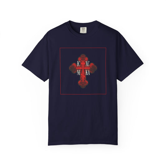 True Navy heavyweight cotton unisex tee featuring an ornate, red glowing textured Orthodox Cross with white ICXC NIKA Greek letters at the center—a powerful symbol of salvation and purification for the faithful.