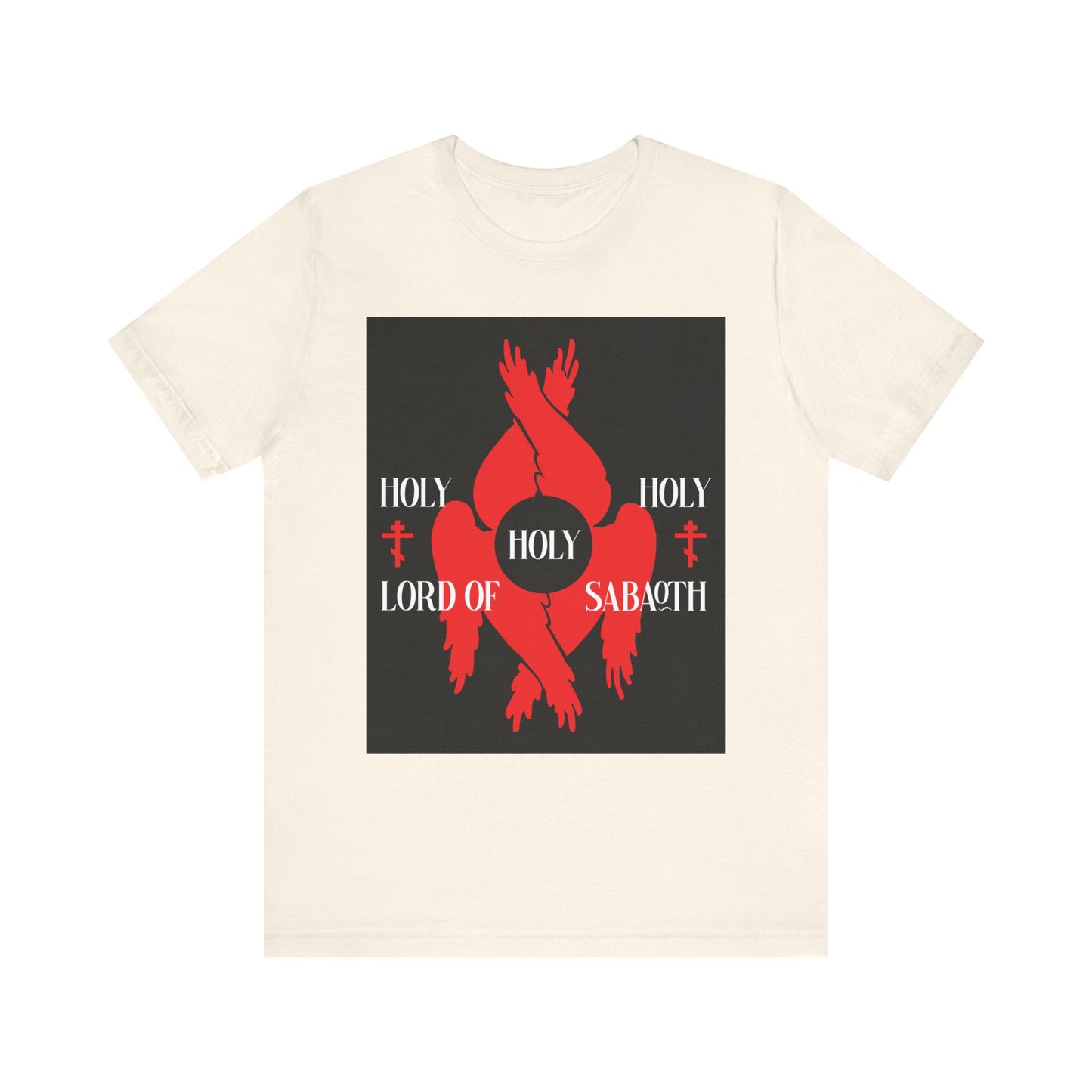 Natural unisex cotton tee featuring black square with red seraphim wings, Orthodox crosses, “HOLY HOLY HOLY LORD OF SABAOTH” in white, inspired by Isaiah 6:3 and the Divine Council.