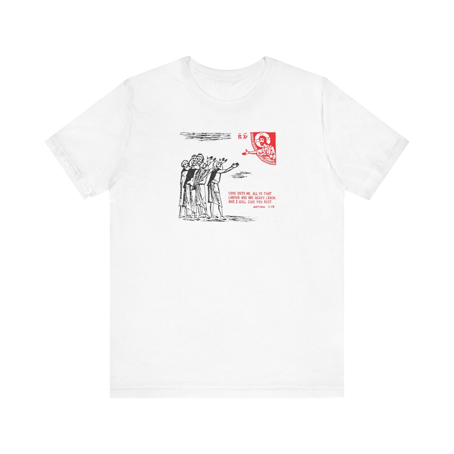 White Orthodox unisex tee featuring a black and red icono-graphic drawing of people with Chinese text and a prominent red square, inspired by Matthew 11:28 and the divine nature per St Cyril of Alexandria.