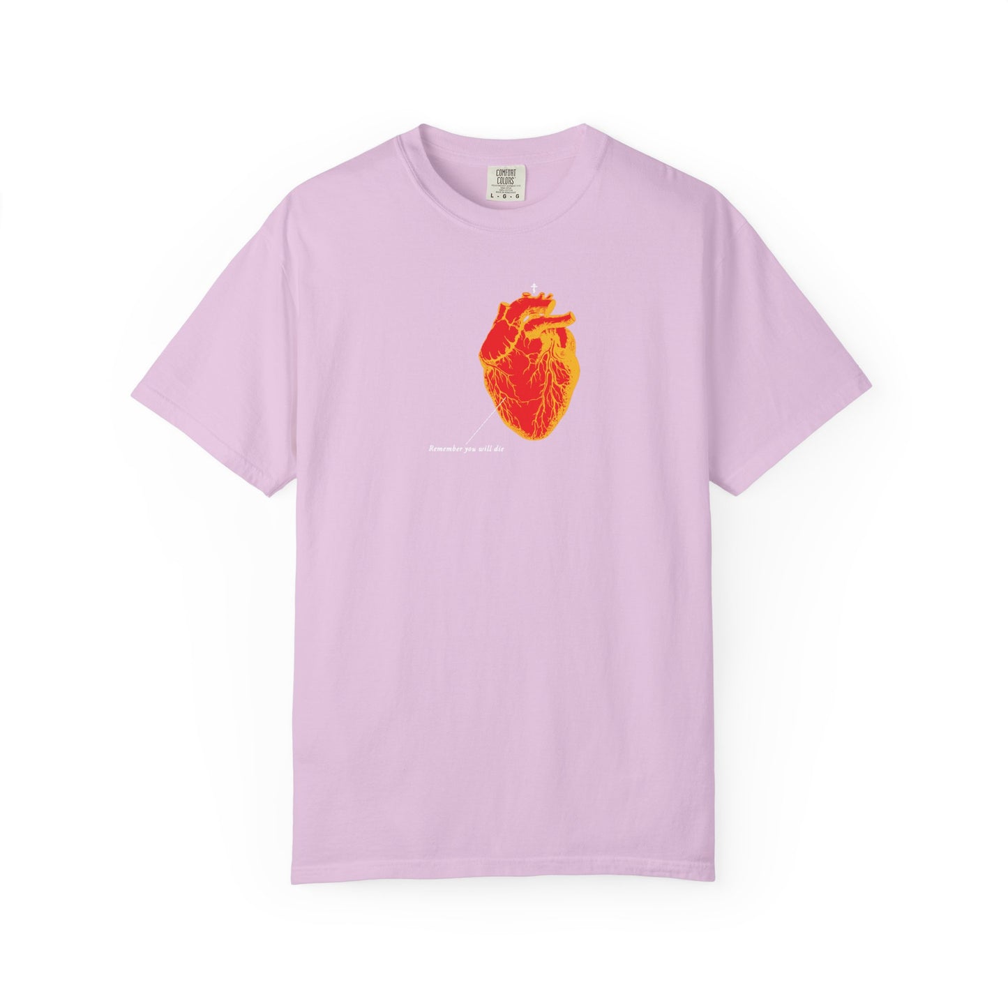Orchid heavyweight cotton unisex tee with a red and orange antique medical heart graphic and white text, inspired by memento mori. "Remember You Will Die" design captures themes of soul and judgment.