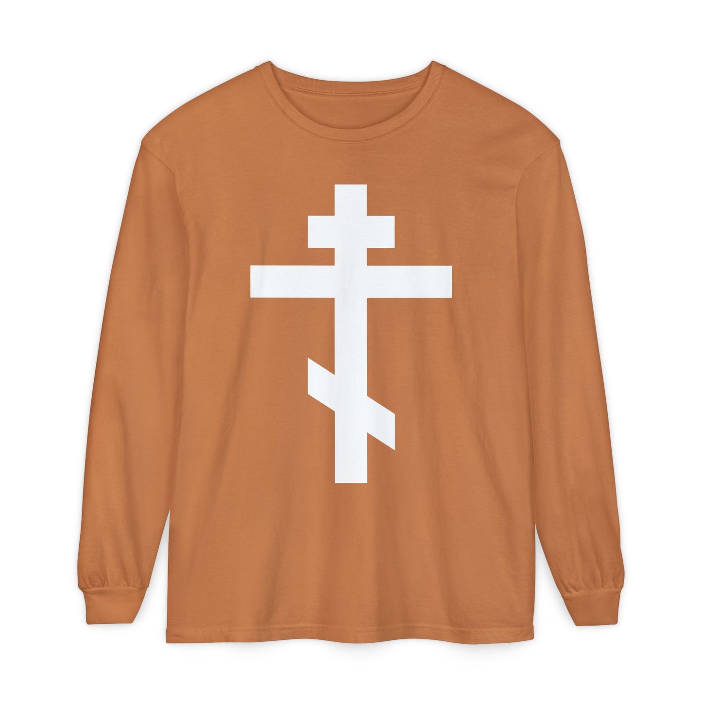 Orthodox long-sleeve shirt with a white Orthodox cross and the message: "May I never boast, except in the cross of our Lord Jesus Christ" (Gal 6:14). Inspired by St. John of Kronstadt’s teachings on salvation.