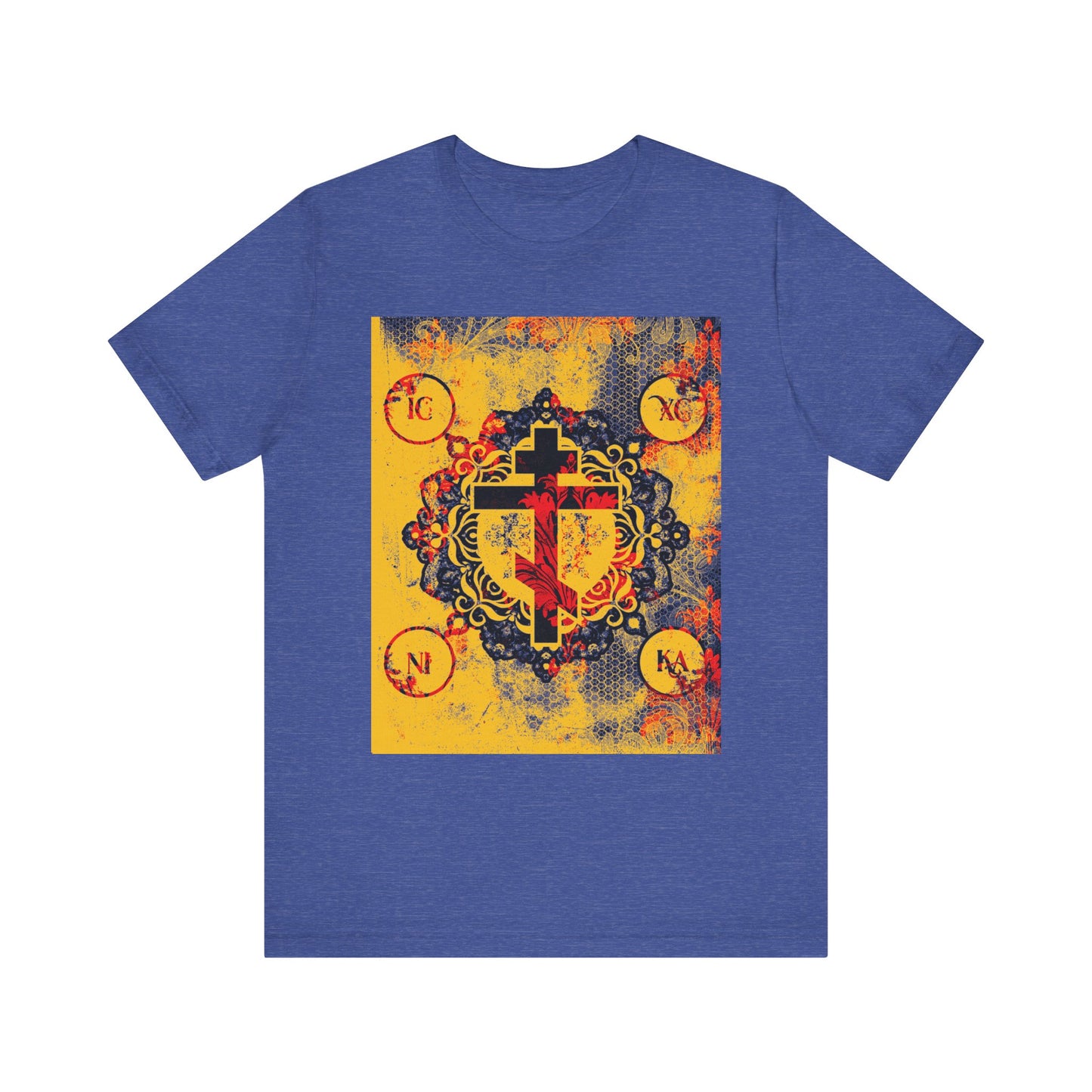 The IC XC NIKA Orthodox Cross T-shirt features a yellow and red modern and medieval floral cross design with Greek letters on heather true royal cotton, inspired by Orthodox Christian tradition.