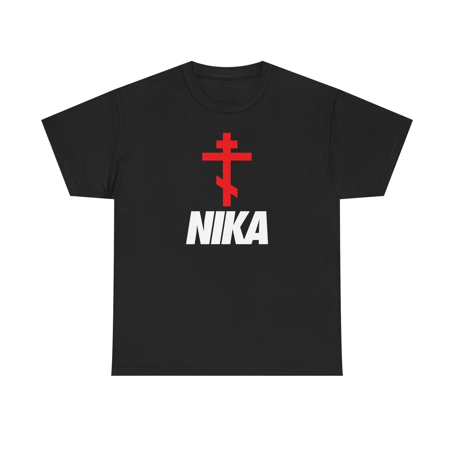Black heavy cotton t-shirt featuring a minimalist Orthodox cross with bold NIKA text, inspired by Christogram "Jesus Christ Conquers," in an athletic NIKE logo mashup design. Christian ascetic fashion. Color: Black.