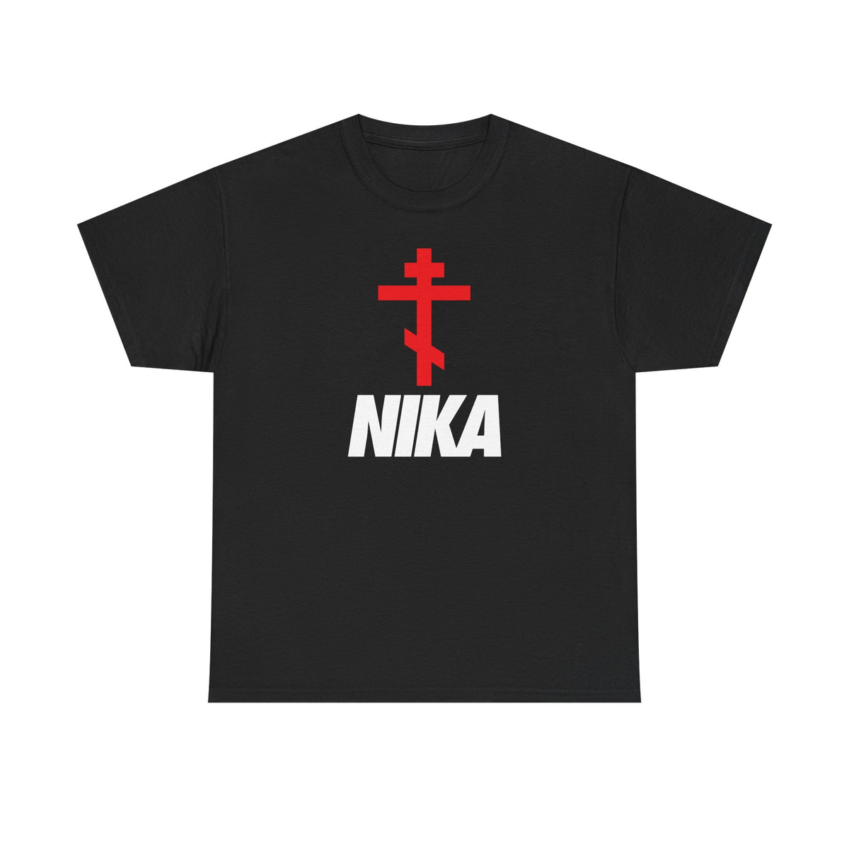 Black heavy cotton t-shirt featuring a minimalist Orthodox cross with bold NIKA text, inspired by Christogram "Jesus Christ Conquers," in an athletic NIKE logo mashup design. Christian ascetic fashion. Color: Black.
