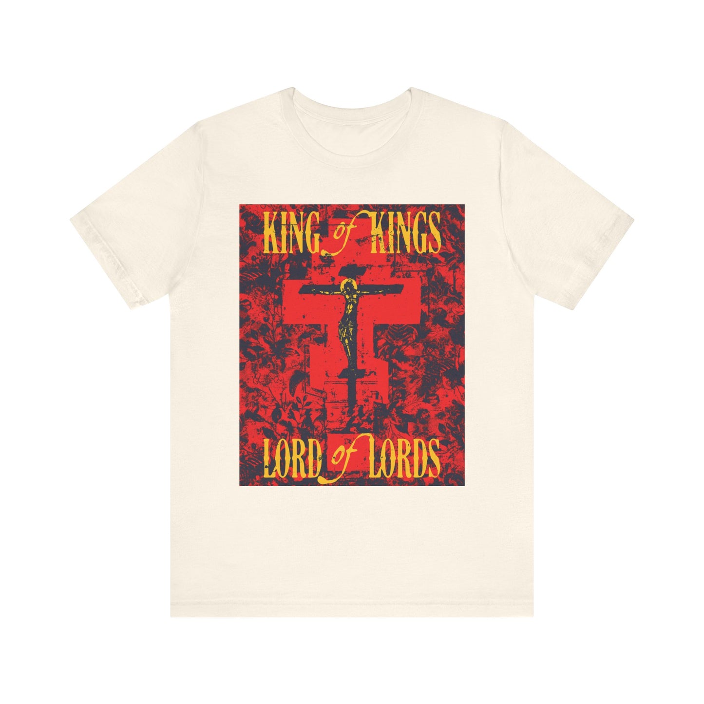 Show your faith with the "King of Kings, Lord of Lords | Christ Crucified Orthodox Icono-Graphic" t-shirt, featuring a striking yellow and red design on natural-colored lightweight cotton. This unisex tee blends nature-inspired textures with bold iconography and uplifting text—a powerful statement inspired by God's Word.