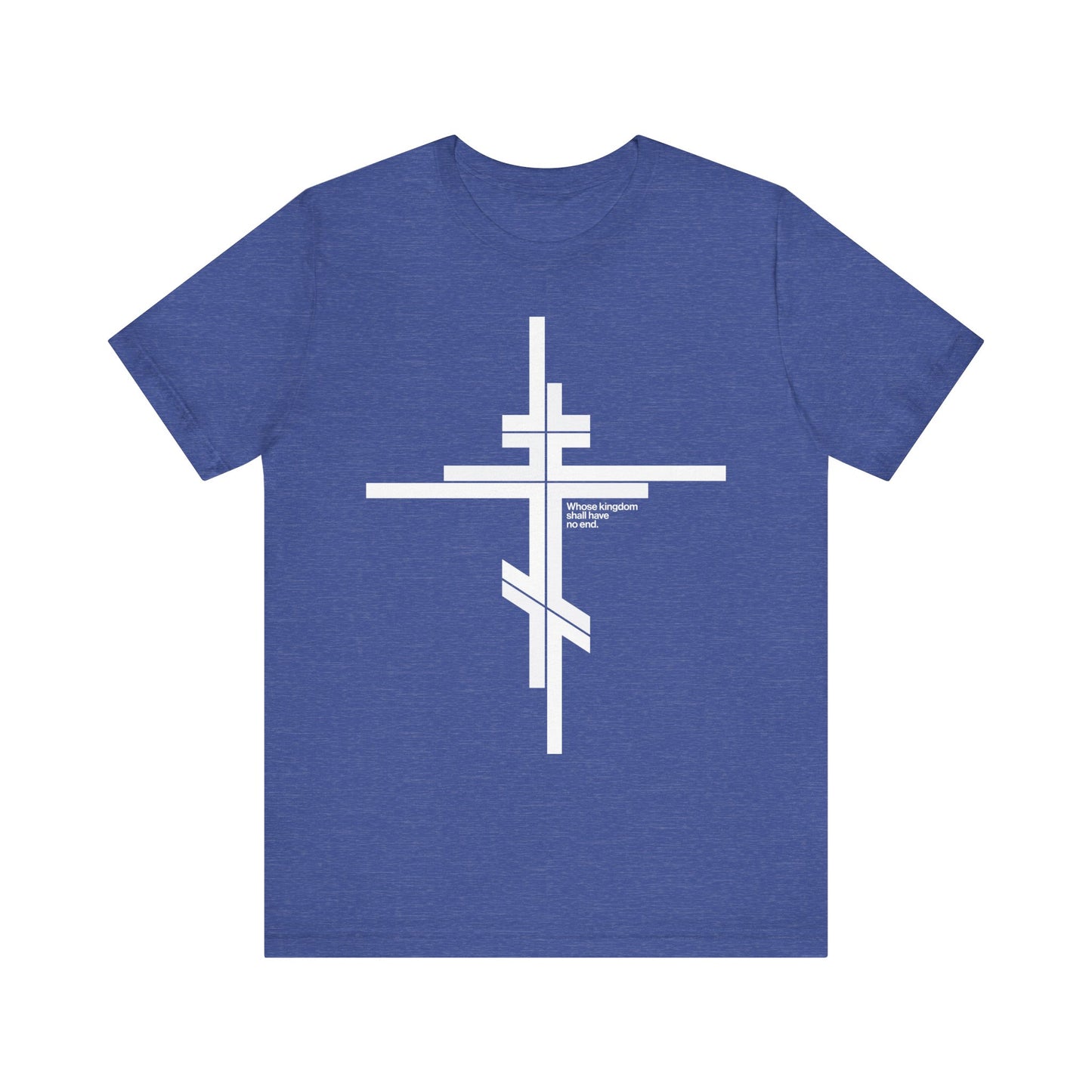 Heather True Royal unisex cotton t-shirt featuring a modernist minimalist Orthodox cross and small front text inspired by Luke 1:32-33, symbolizing the enduring strength of Christ’s kingdom.