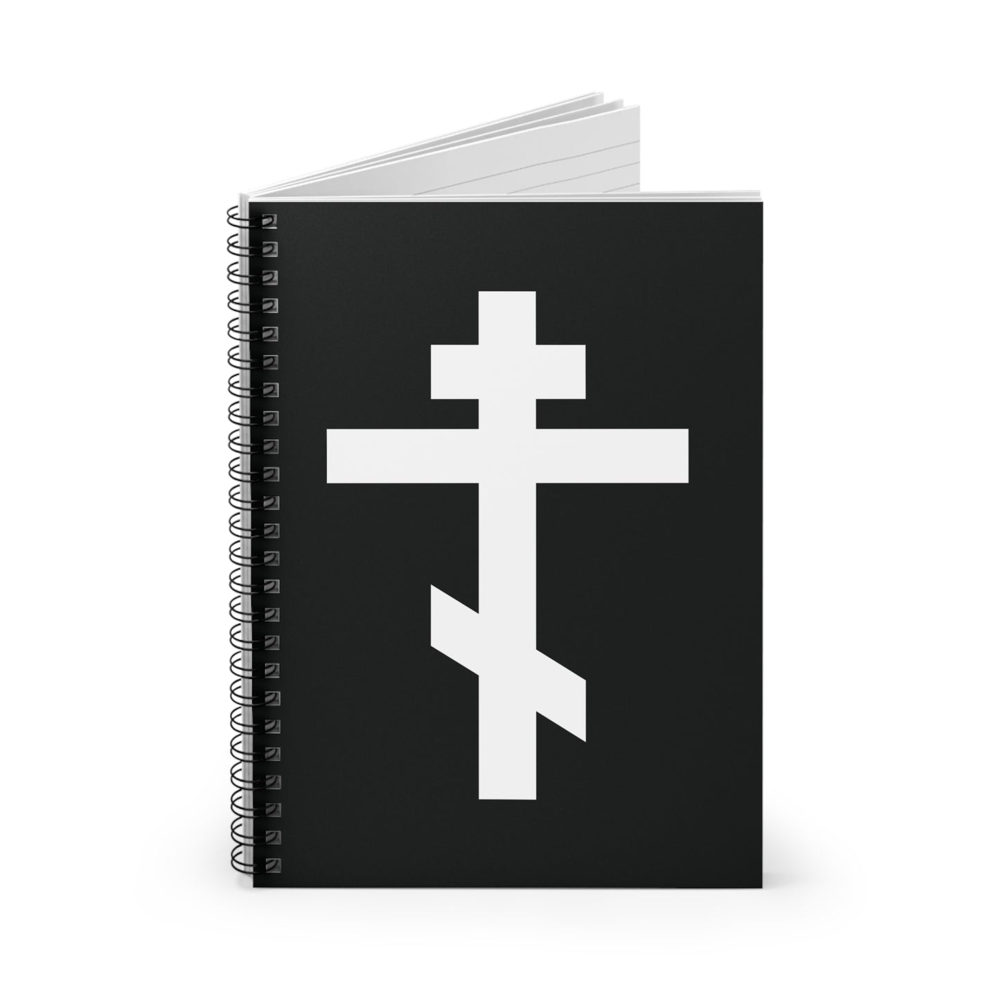 A black spiral notebook featuring a bold white Orthodox cross and the quote: "May I never boast, except in the cross of our Lord Jesus Christ" (Gal 6:14). Orthodox Spiral Notebook.