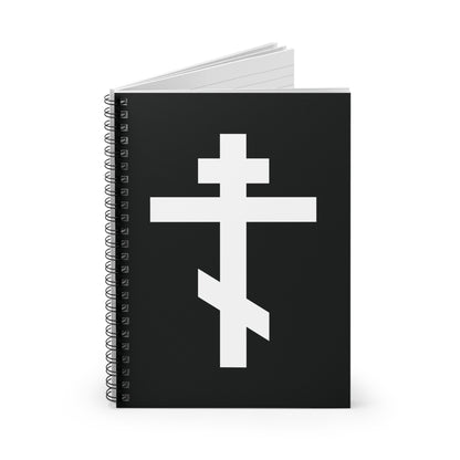 A black spiral notebook featuring a bold white Orthodox cross and the quote: "May I never boast, except in the cross of our Lord Jesus Christ" (Gal 6:14). Orthodox Spiral Notebook.