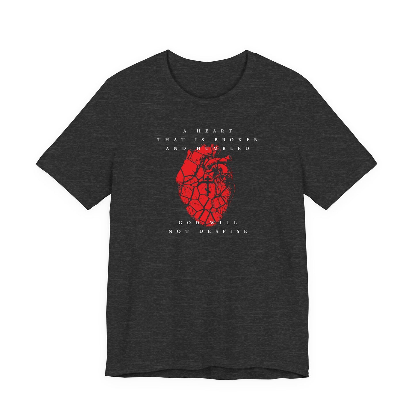 Dark Grey Heather unisex cotton T-shirt featuring a cracked heart with an Orthodox cross and the message: "A heart that is broken and humbled God will not despise"—a reminder of repentance and Psalm 50’s prayer for forgiveness.
