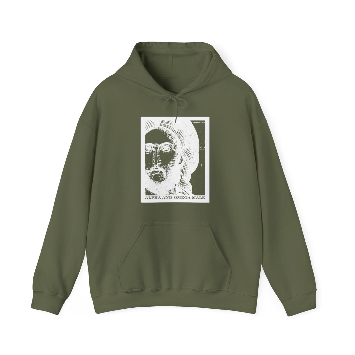 Military green hoodie featuring a white photonegative graphic of Jesus Christ and "Alpha & Omega Male" text, inspired by Revelation 22. Cotton/poly blend, Orthodox Christian design.