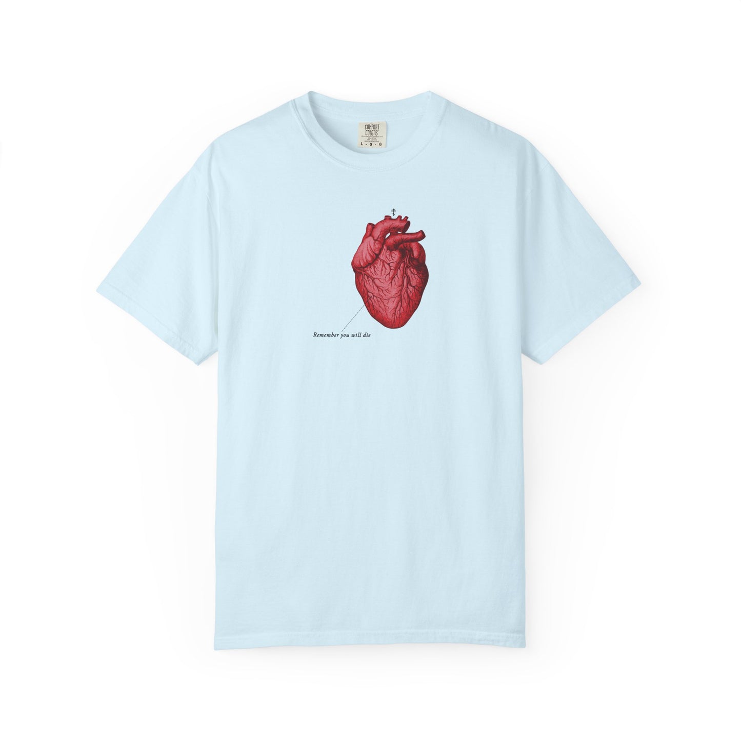 Chambray heavyweight cotton unisex t-shirt featuring a retro medical textbook heart and the phrase "Remember you will die," inspired by memento mori and reflecting on repentance and God's mercy.