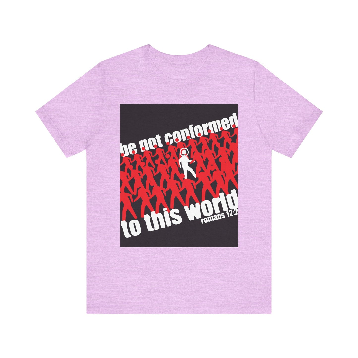 Heather Prism Lilac unisex tee with red silhouettes and a single white figure, featuring “Be Not Conformed to This World” (Romans 12:2)—a reminder to renew your mind and reject the modern world. Lightweight Orthodox Christian cotton shirt.