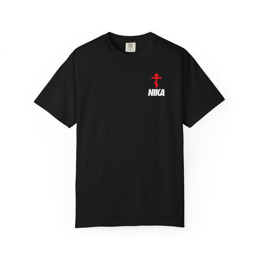 Black Orthodox Cross with Bold NIKA Text unisex tee—featuring a small, eye-catching design reminiscent of the NIKE logo mashup on heavyweight cotton. This athletic ascetic fashion piece showcases a red Orthodox cross and white “NIKA” text on the left chest, symbolizing victory inspired by Revelation 3:21 and the promise of sharing the throne.