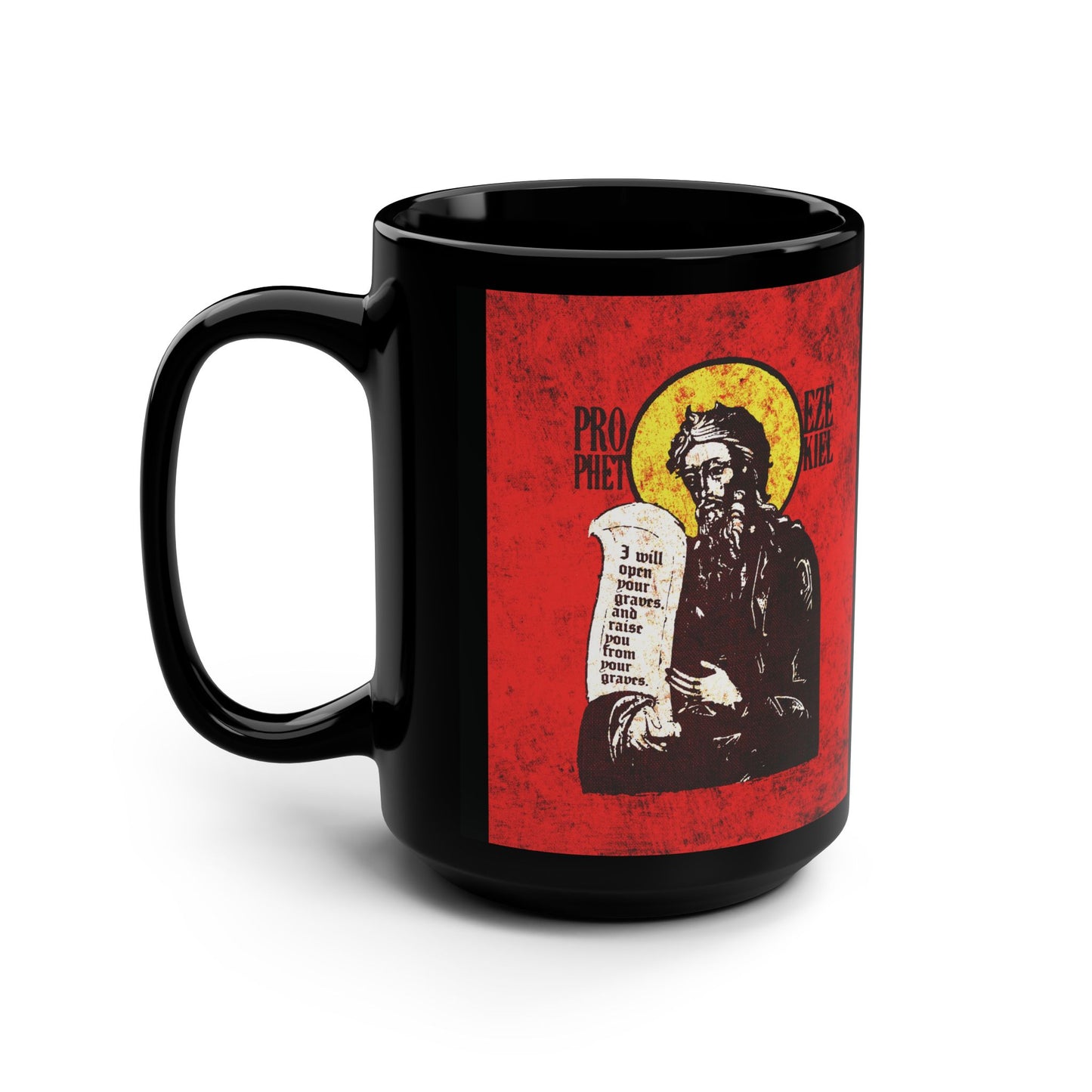 Prophet Ezekiel IconoGraphic | Textured, High Contrast Bright Red and Yellow Design | Old Testament | Orthodox Christian Black Mug