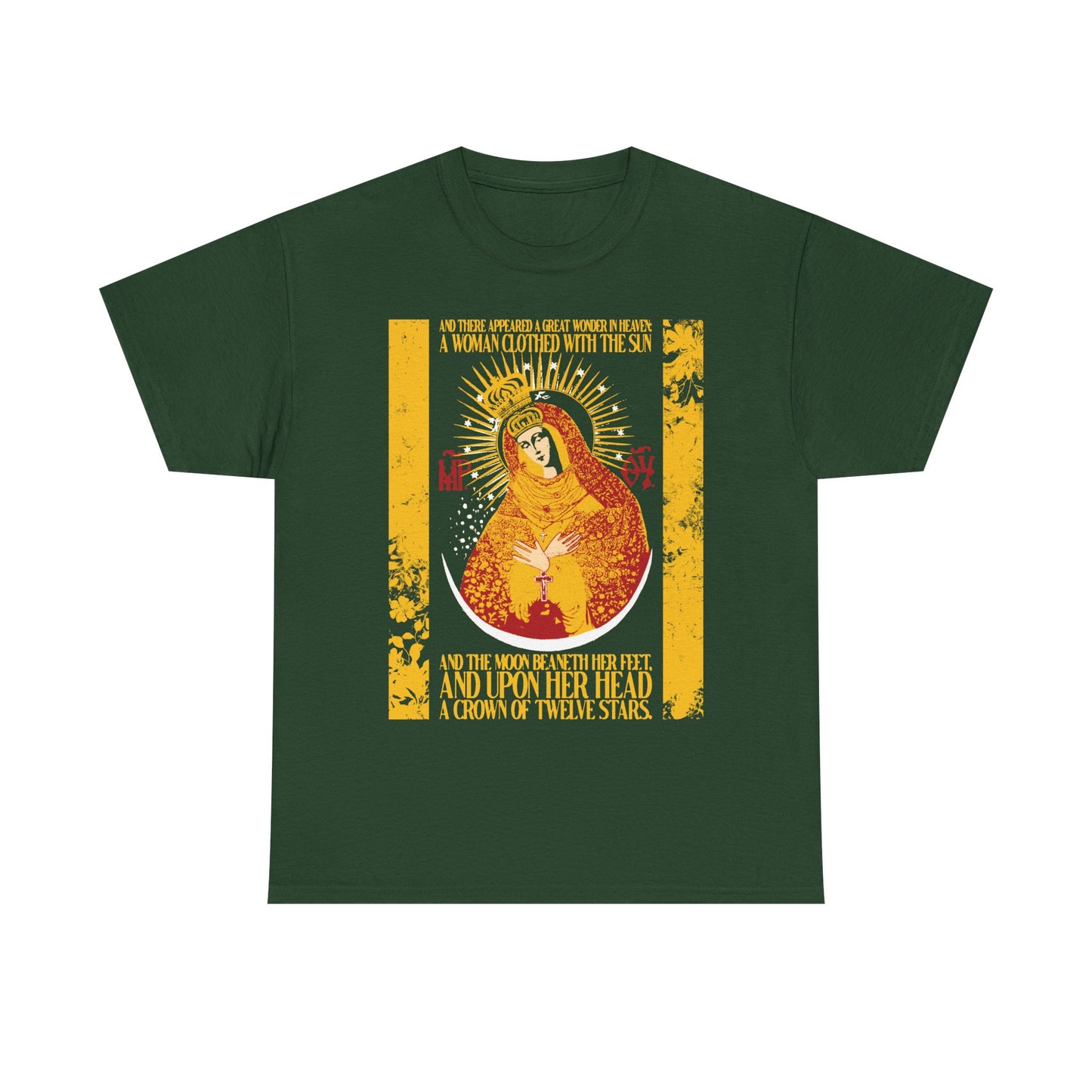 Forest green midweight cotton unisex t-shirt featuring a gold floral textured illustration of the Woman of the Apocalypse (Our Lady, the Gate of Dawn), surrounded by sun rays and the uncreated light, with biblical text—Most Holy Theotokos and Revelation 12:1—in yellow and white on the front.