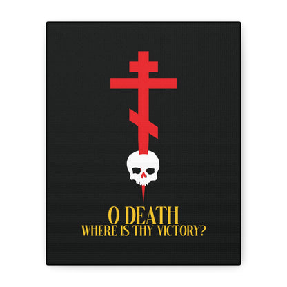O Death Where is Thy Victory? (1 Corinthians 15:55) | Cross Stabbing Skull | Yellow Text | Orthodox Christian Canvas Art