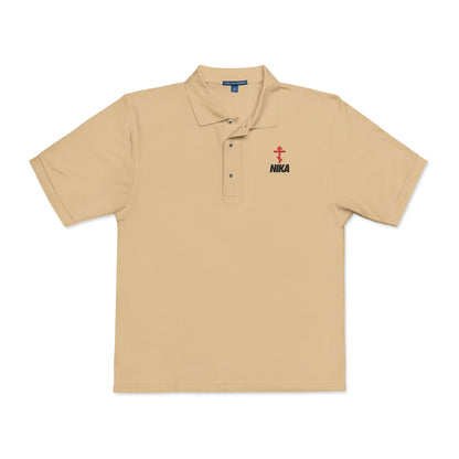 Stone short-sleeve polo featuring a red Orthodox cross and black "Jesus Christ Conquers" text, inspired by Revelation 3:21. Emulates the NIKE logo in an athletic ascetic style. Christian embroidered design on the left chest.