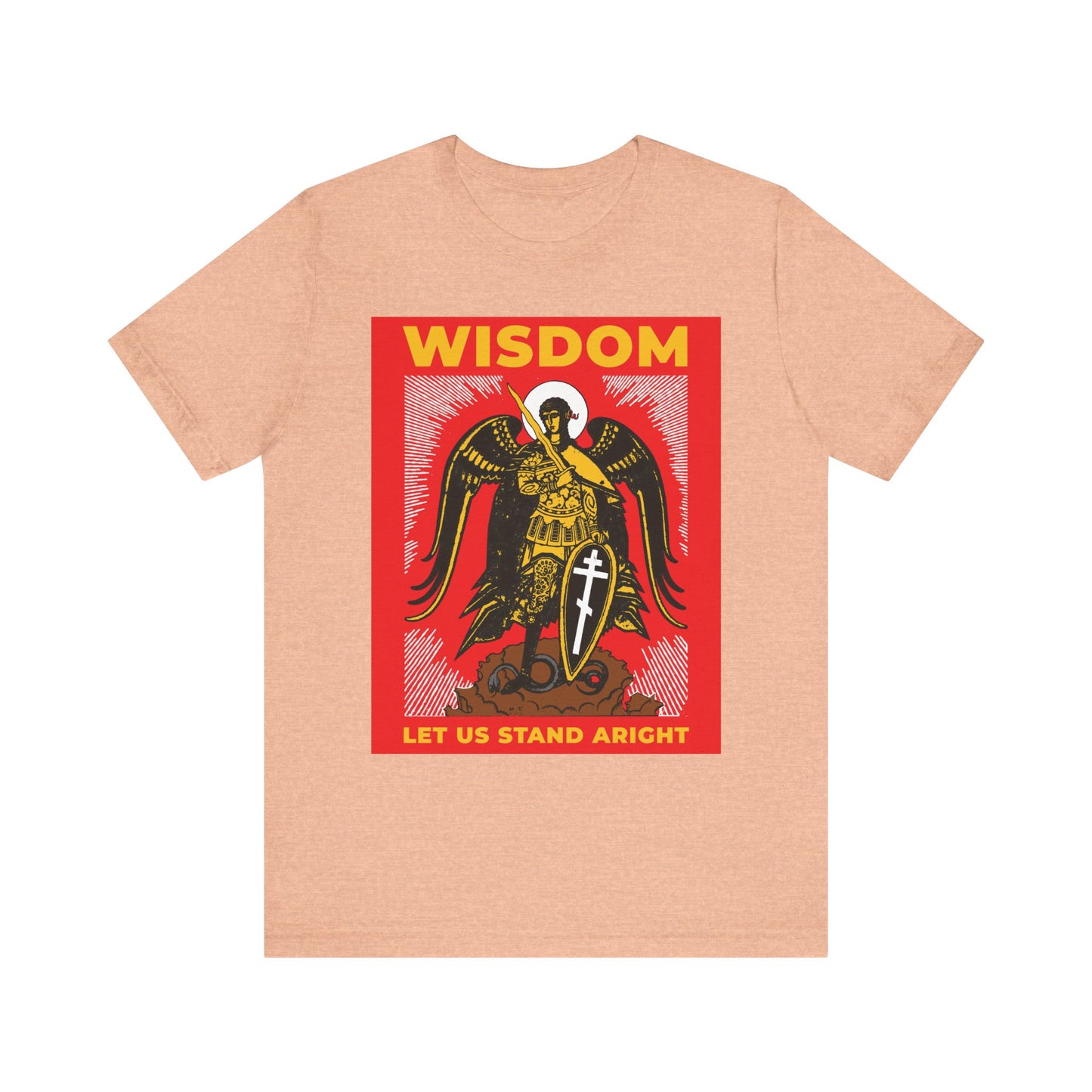 Heather peach unisex tee featuring Archangel Michael with shield and sword, Russian illustration, “WISDOM,” and “LET US STAND ARIGHT,” inspired by Revelation 12 and Orthodox tradition. Lightweight cotton.
