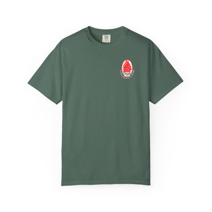 Blue Spruce Death is Swallowed Up In Victory (1 Cor 15:54) Art Nouveau Eagle Wing & Stars t-shirt with red logo.