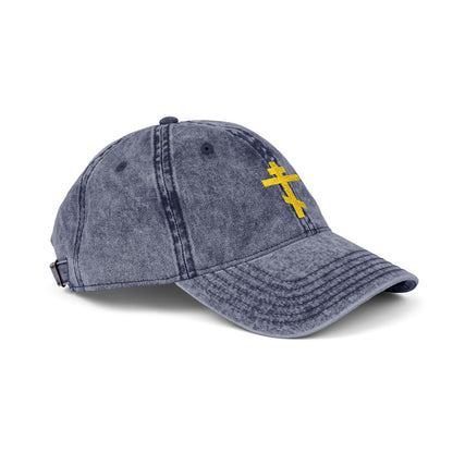 Show your faith with the Simple Yellow Orthodox TriBar Cross Minimalist Christian Distressed Embroidered Cap, featuring a yellow cross on a faded blue cap and “Crucify My Ego to the Precious and Life Giving Cross” message.
