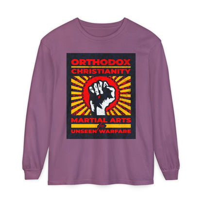 Orthodox Christianity: Martial Arts for Unseen Warfare | NIKA Jesus Fist on Colorful Sunburst Design | Orthodox Christian Long Sleeve Shirt