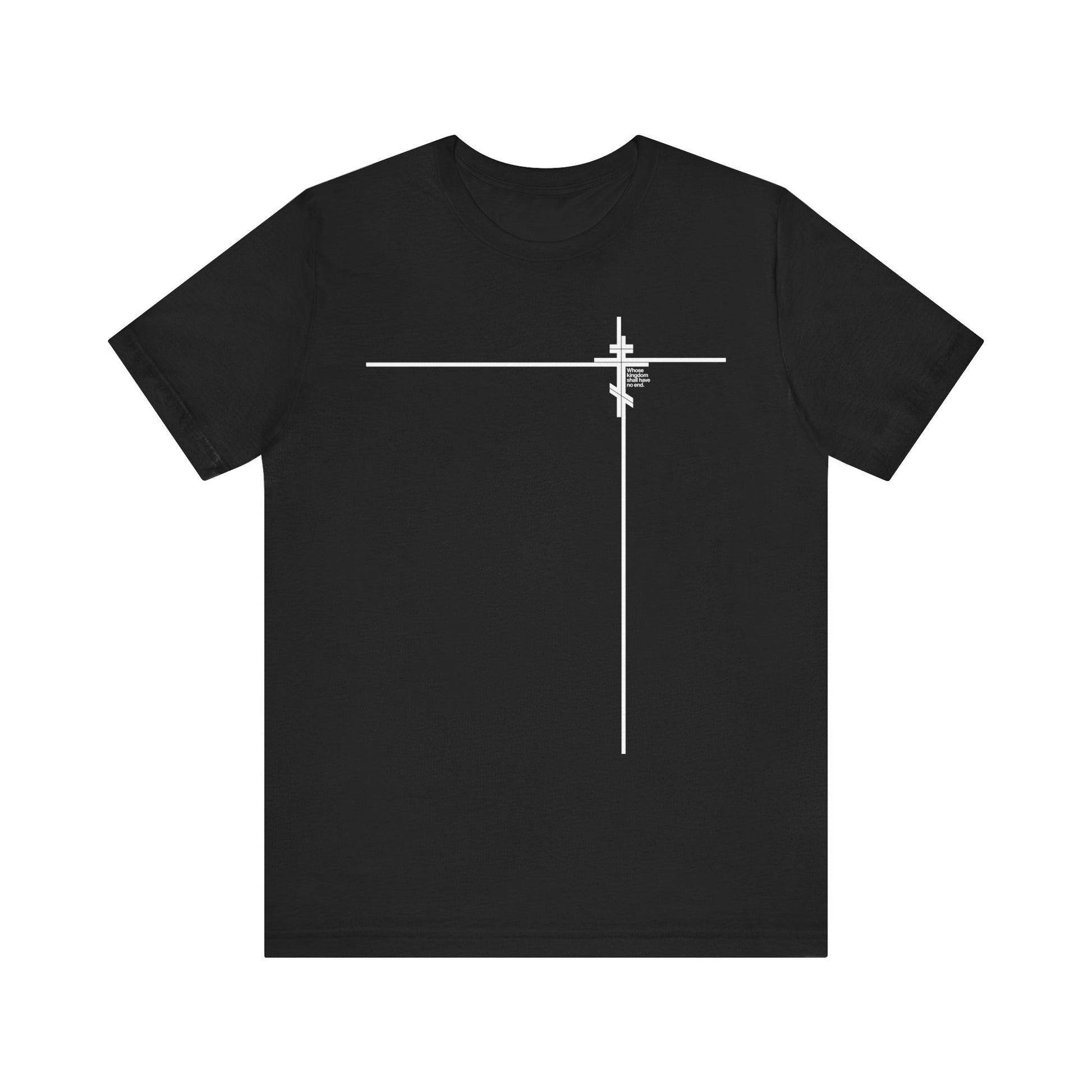 Black "Whose Kingdom Shall Have No End (Small Design)" t-shirt, featuring a minimalist Orthodox cross and subtle white geometric lines on the upper left chest—an understated nod to Orthodox doctrine, inspired by Luke 1:32-33. Made from lightweight cotton in a unisex fit.