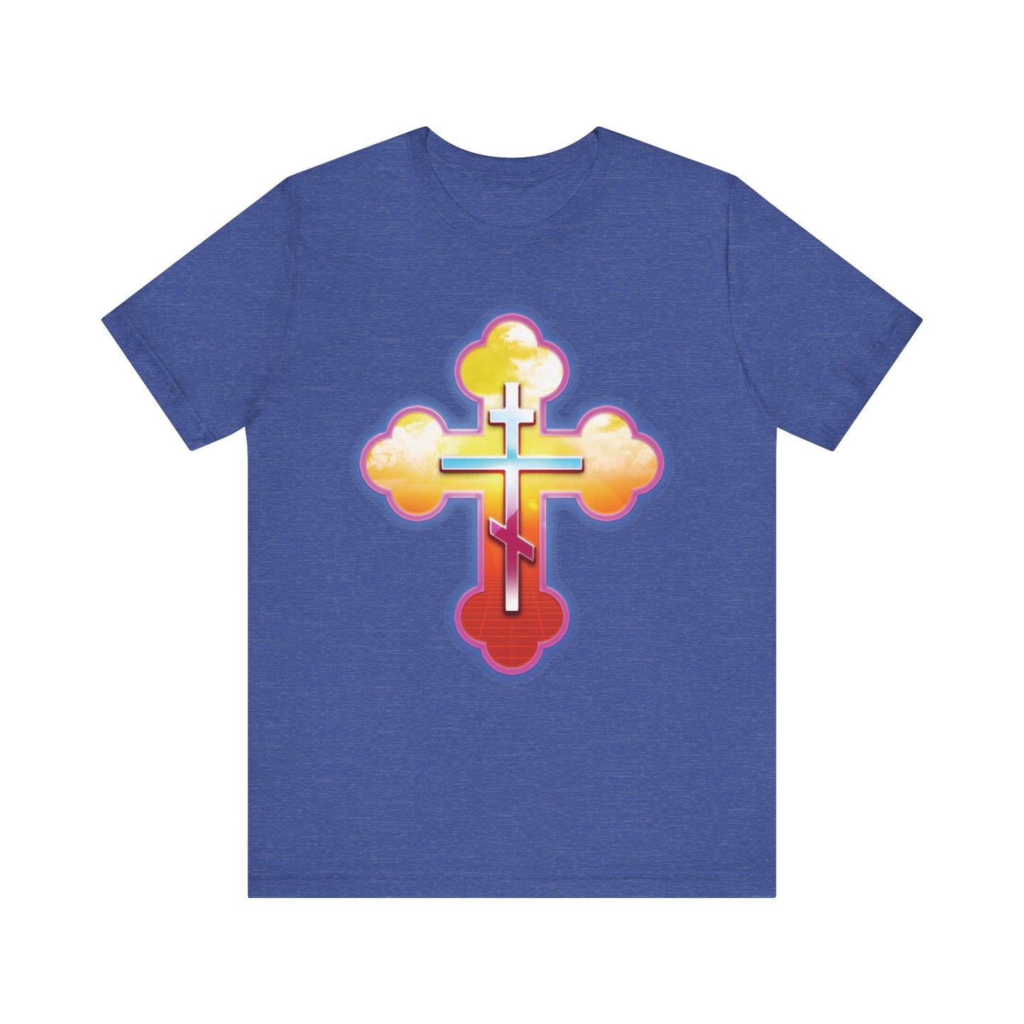 80s Synthwave Retrowave Outrun Aesthetic | Glowing & Reflective Gold & Red Three-Bar Cross | Lightweight Cotton Unisex Tee