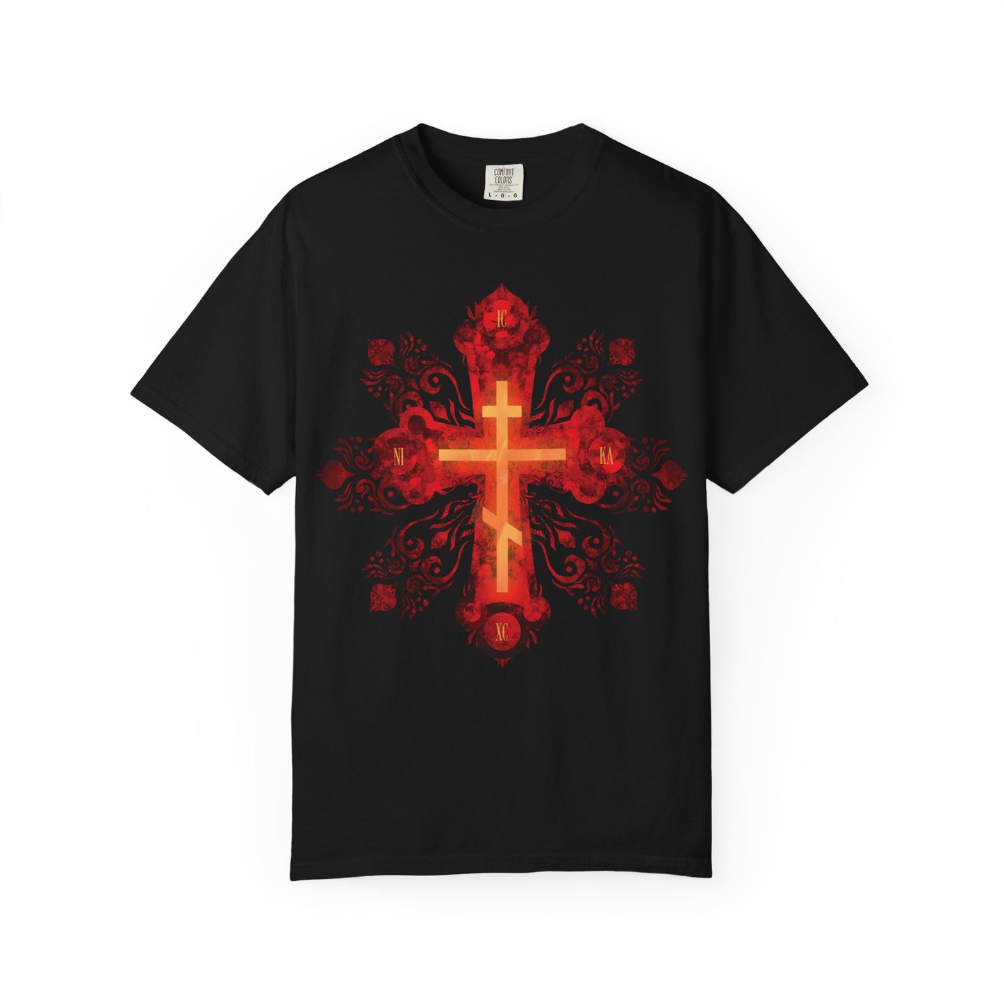 Black heavyweight cotton unisex tee featuring the Red & Gold Ornate Russian Style Precious & Life-Giving Orthodox Cross in the center—a striking design inspired by traditional floral motifs, honoring the Christian warrior's journey toward their heavenly homeland.