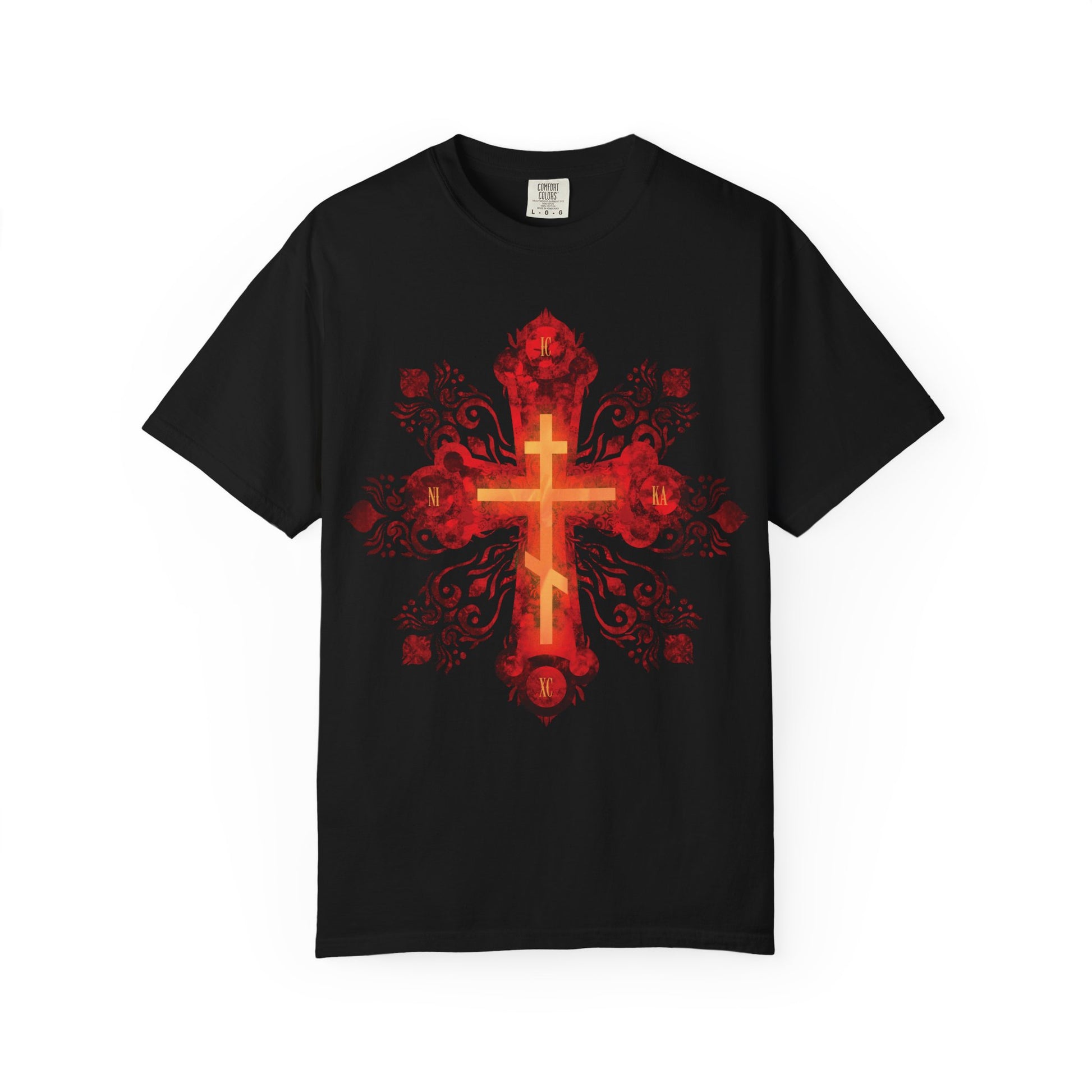 Black heavyweight cotton unisex tee featuring the Red & Gold Ornate Russian Style Precious & Life-Giving Orthodox Cross in the center—a striking design inspired by traditional floral motifs, honoring the Christian warrior's journey toward their heavenly homeland.