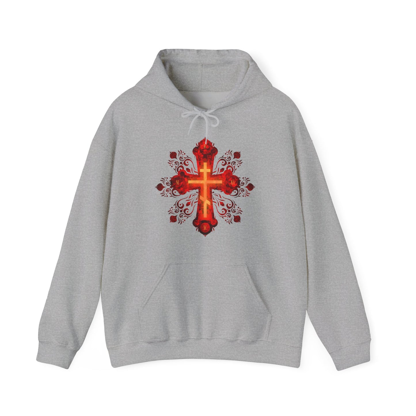 Sport Grey hoodie featuring a red and gold ornate Russian-style Orthodox cross with roses, inspired by "He was pierced for our transgressions." Red & Gold Precious & Life-Giving Orthodox Christian Hoodie.