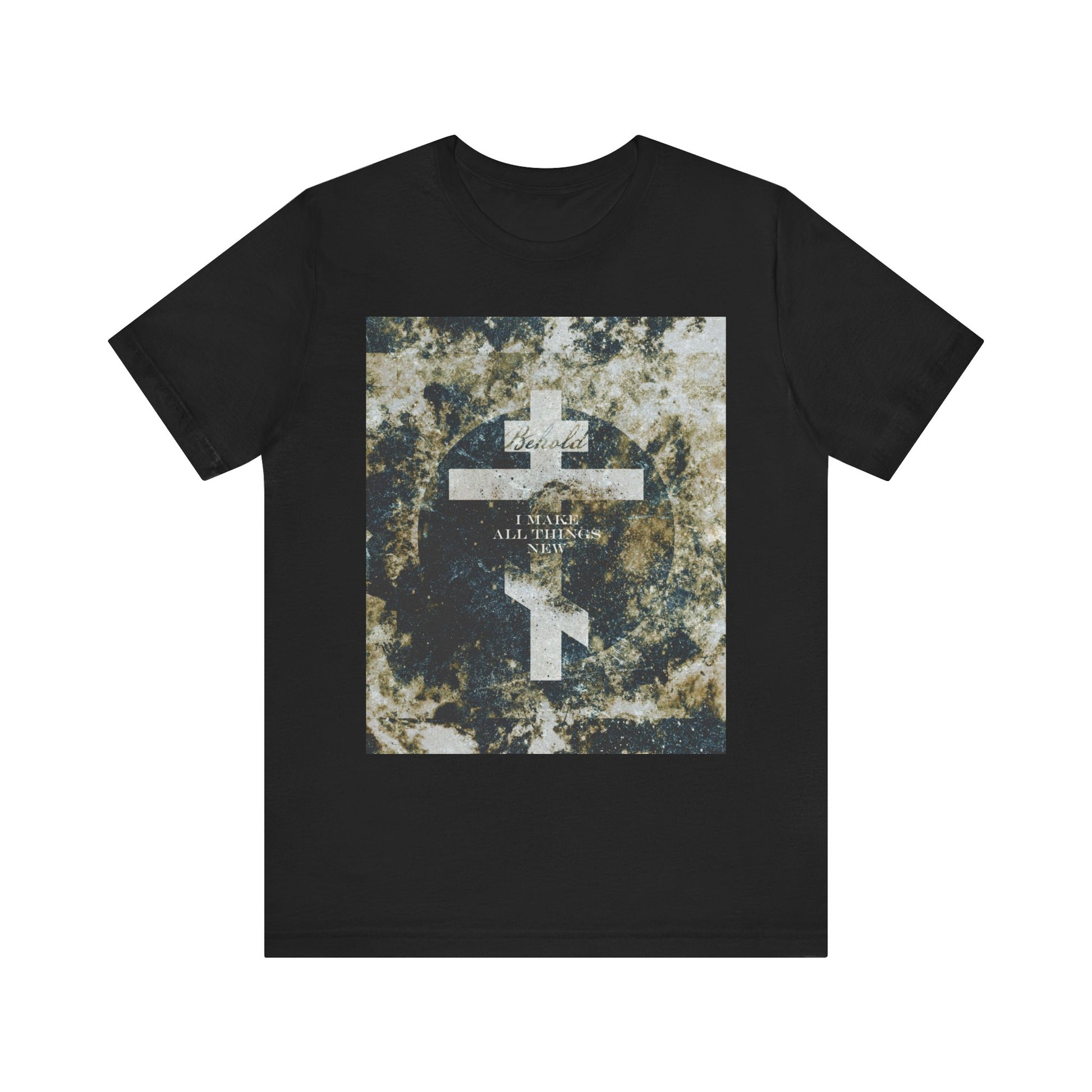 Black "Behold, I Make All Things New" tee features a cosmic textured Orthodox cross and text from Revelation 21:5—a unique Christian gift. Lightweight cotton unisex shirt in black, inspired by new creation and Parousia.
